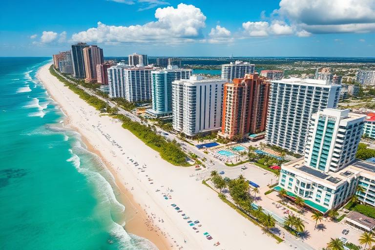 Torres de condominios frente al océano en Miami Beach a lo largo de Collins Avenue con el Atlántico y la playa