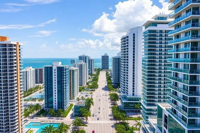 Vista aérea de Miami Beach con edificios de condominios, calles residenciales y la línea de costa