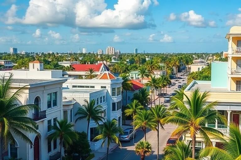 Calle residencial de Miami Beach con palmeras y edificios de baja altura