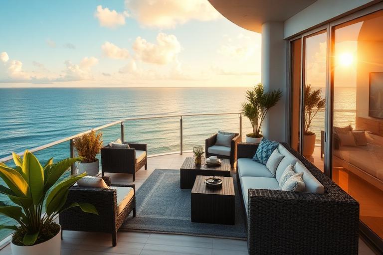Terraza de un condominio en Miami Beach con mobiliario exterior y vista al océano