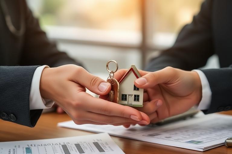 Manos intercambiando llaves de casa en una mesa de cierre inmobiliario en Miami