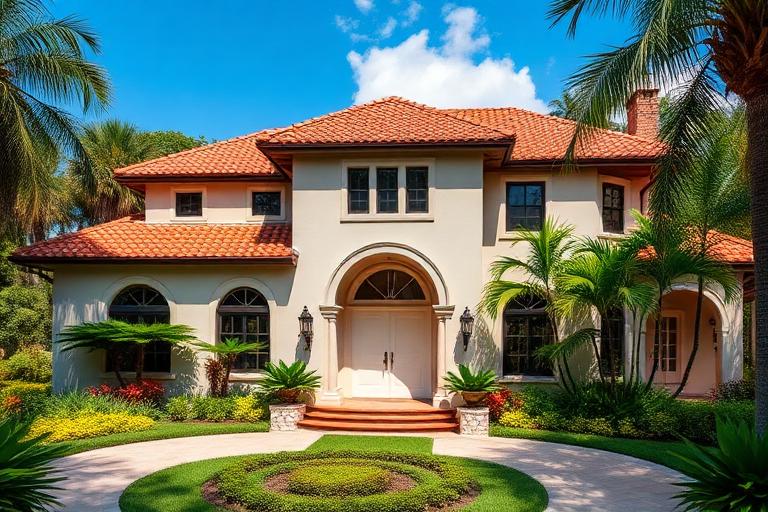 Mediterranean Revival home in Coral Gables with tree-lined street