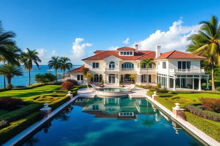 Vista aérea da comunidade fechada de Gables Estates em Coral Gables mostrando lotes à beira-mar e docas de águas profundas