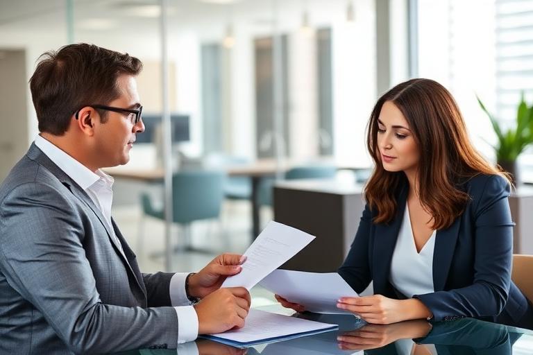Agente inmobiliario revisando documentos de contrato con un vendedor en una oficina moderna de Miami