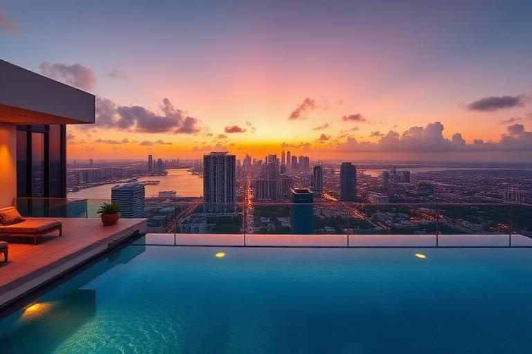 Interior de un condominio en Miami con ventanales de piso a techo y vista al agua