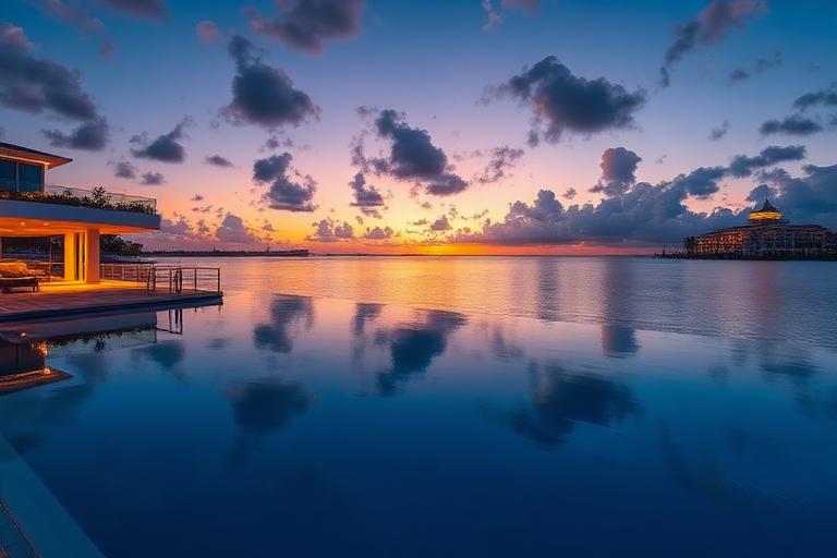 Mansão ultra-luxo à beira-mar em Miami com piscina de borda infinita ao pôr do sol