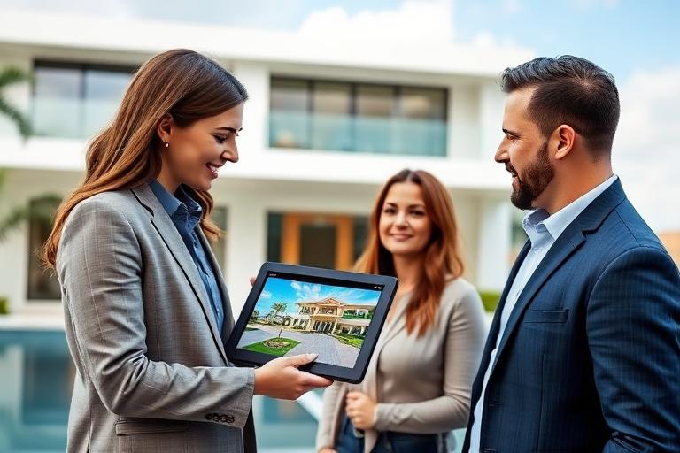 Agente inmobiliario revisando listados MLS en una computadora portátil para compradores en Miami
