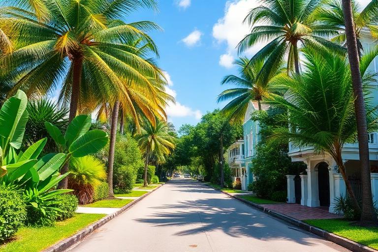 Coconut Grove Miami residential street with lush tropical landscaping and charming homes