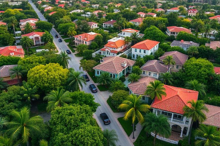 Aerial view of Coral Gables neighborhood with tree-lined streets and Mediterranean-style homes in Miami