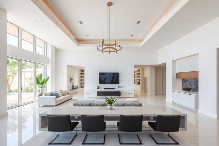 Interior moderno de lujo de condominio de nueva construcción en Brickell con ventanales del piso al techo y vistas a la bahía