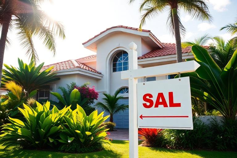 Letrero de venta frente a una hermosa casa en Miami con paisajismo tropical