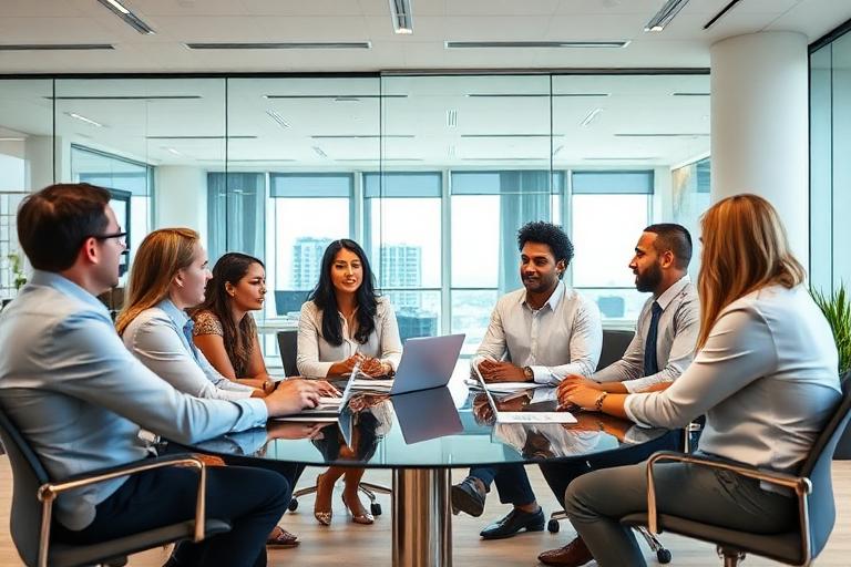 Profesionales inmobiliarios reunidos en una oficina del sur de Florida que atiende los condados de Miami-Dade, Broward y Palm Beach